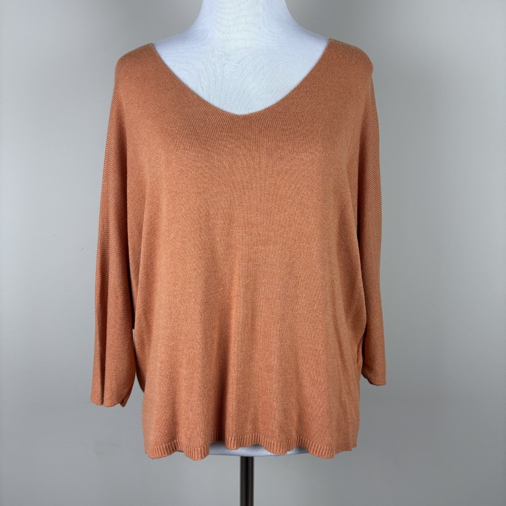Made in Italy Sweater Top Womens Large Orange 3/4 Sleeve Dolman V-Neck Knit L